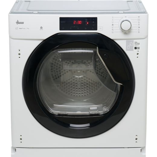 Hoover H-DRY 300 BATD H7A1TBE-80 Integrated Wifi Connected 7Kg Heat Pump Tumble Dryer - White / Black - front shot mid close up